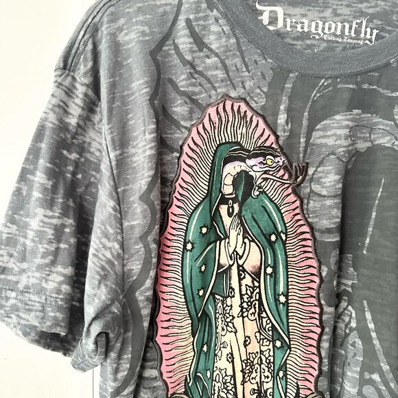 Dragonfly Vintage Grey Burnout Crew Neck Snakehead Religious Mary T Shirt Large - Picture 7 of 10